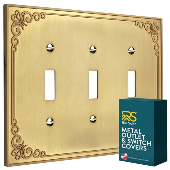 Rio Salto Palazzo Collection Brushed Brass Gold Decorative Triple Toggle Flip Switch Light Switch Plate Outlet Cover Wall Plates 3-Gang 7" x 5" Midsize Premium Heavy-Gauge Wall Plates
