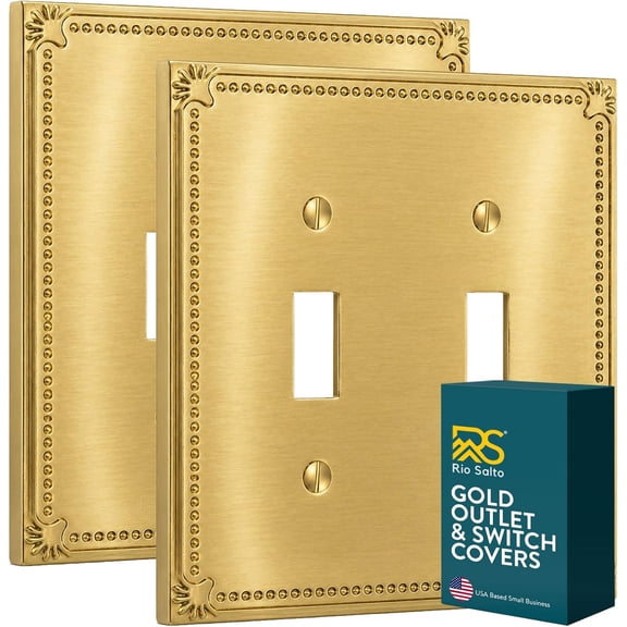 Rio Salto Double Light Switch Cover Plate Toggle Wall Plate Cover Brushed Gold Decorative Outlet Covers Flip Switch Metal Outlet Light Switch Wall Plates — Pearl Collection Midsize 5" x 5"