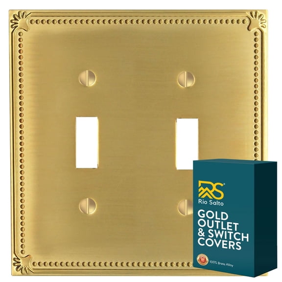 Rio Salto Pearl Collection Brushed Brass Gold Double Toggle Flip Switch 2-Gang Light Switch Cover Plate Metal Wall Plates Outlet Covers 5" x 5" Beaded Luxury Artisanal Premium Wall Plate