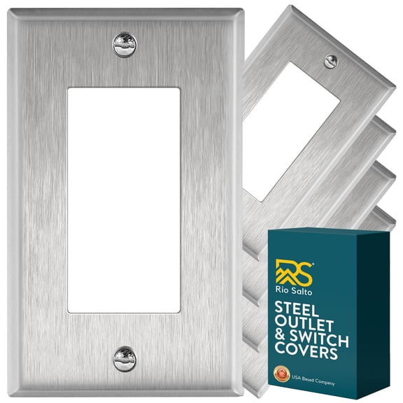 Rio Salto Rocker Decorator Switch 1-Gang Stainless Steel Wall Plate, STANDARD SIZE Thick Metal Plate Outlet Cover Duplex Receptacle Silver Rocker / Outlet 1-Gang 5-Pack