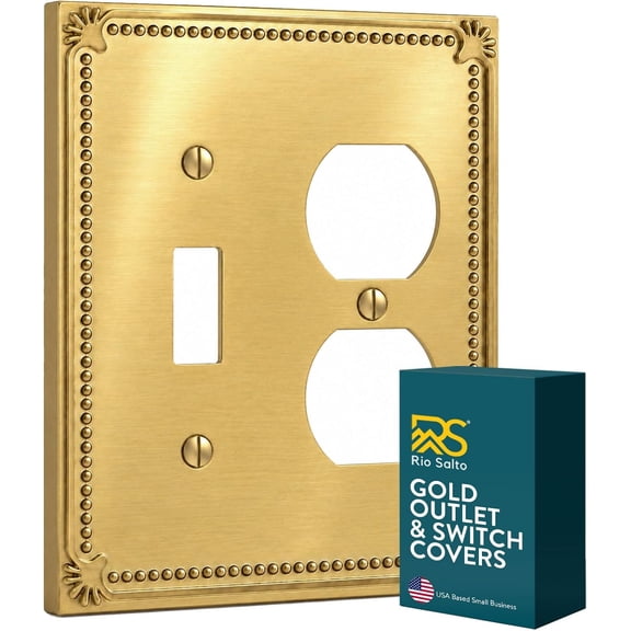 Rio Salto Brushed Gold Decorative Toggle Duplex Combination Wall Plate Light Switch Cover Plate Outlet Covers Premium Metal Wall Plates Beaded — Pearl Collection, Midsize 5.00" x 4.94"