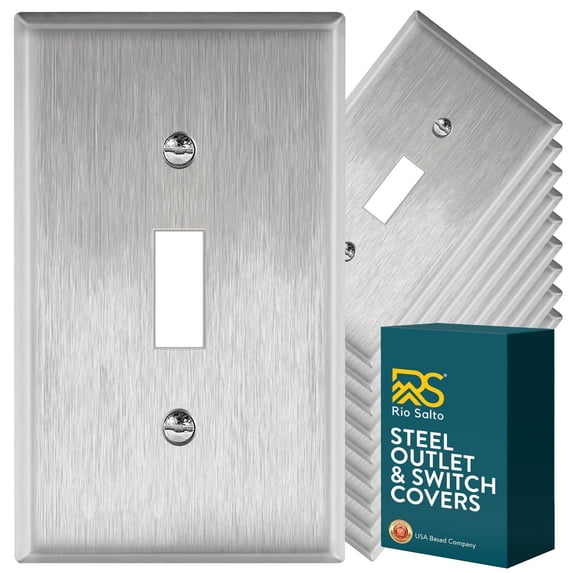 Rio Salto Toggle Switch 1-Gang Stainless Steel Wall Plate, STANDARD SIZE Thick Metal Plate Outlet Cover Duplex Receptacle Silver Toggle Switch 1-Gang 10-Pack