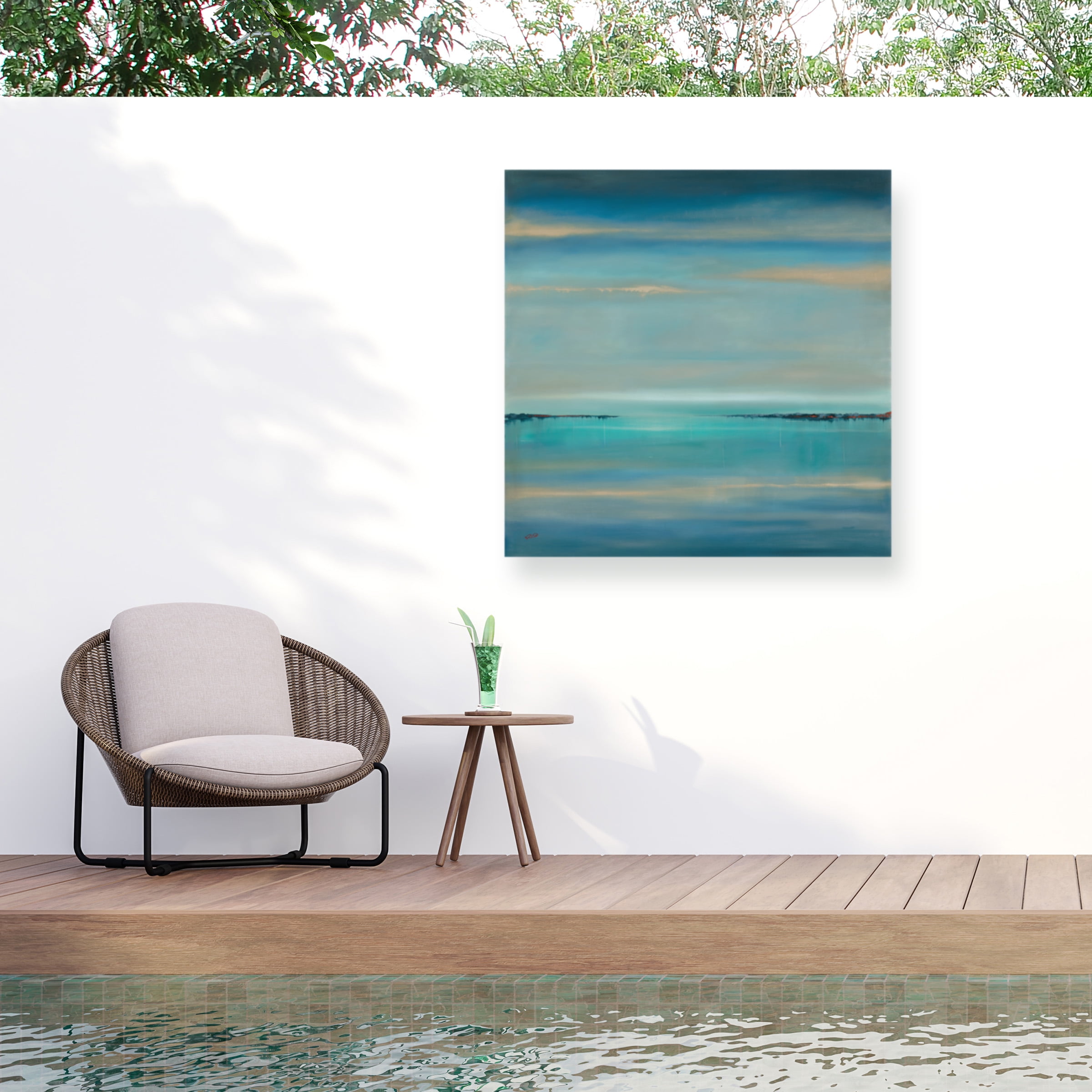 Rio Blue and Teal Landscape Outdoor Canvas Print with Wood Frame