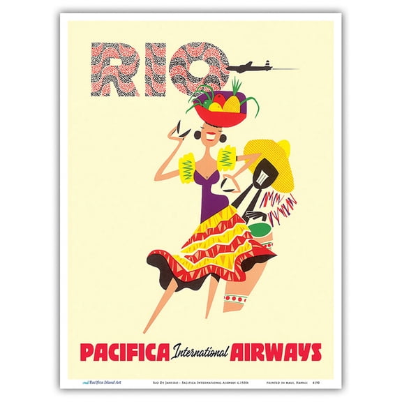 Rio de Janeiro Brazil - Brazilian Drummer and Dancer with Castanets - Pacifica International Airways - Vintage Airline Travel Poster c.1960s - Master Art Print (Unframed) 9in x 12in