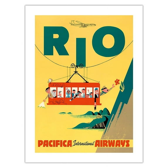 Rio de Janeiro Brazil - Cable Car to Sugar Loaf Mountain - Pacifica International Airways - Vintage Airline Travel Poster c.1950s - Fine Art Matte Paper Print (Unframed) 18x24in