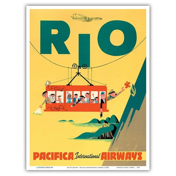 Rio de Janeiro Brazil - Cable Car to Sugar Loaf Mountain - Pacifica International Airways - Vintage Airline Travel Poster c.1950s - Master Art Print (Unframed) 9in x 12in