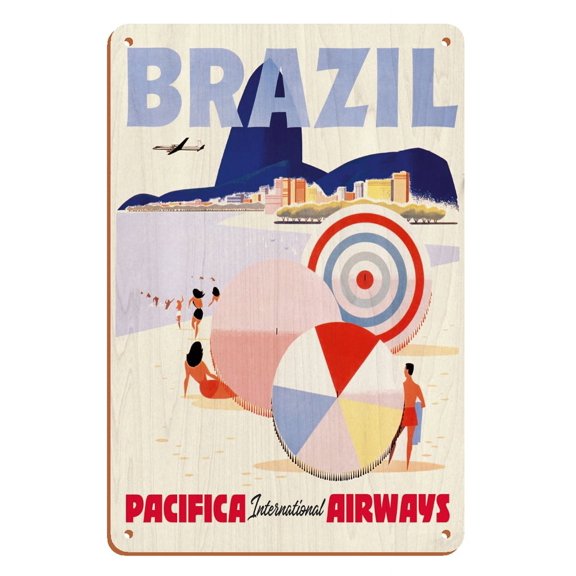 Rio de Janeiro Brazil - Pacifica International Airways - Vintage Airline Travel Poster c.1950s - 8 x 12 inch Vintage Wood Art Sign