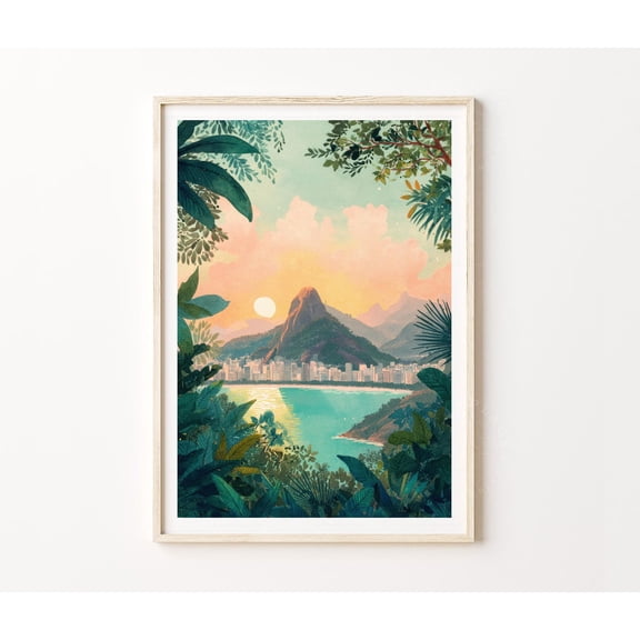 Rio de Janeiro Brazil Travel Poster, Tropical Bay Sunset Mountain Wall Art Print, Poster Only