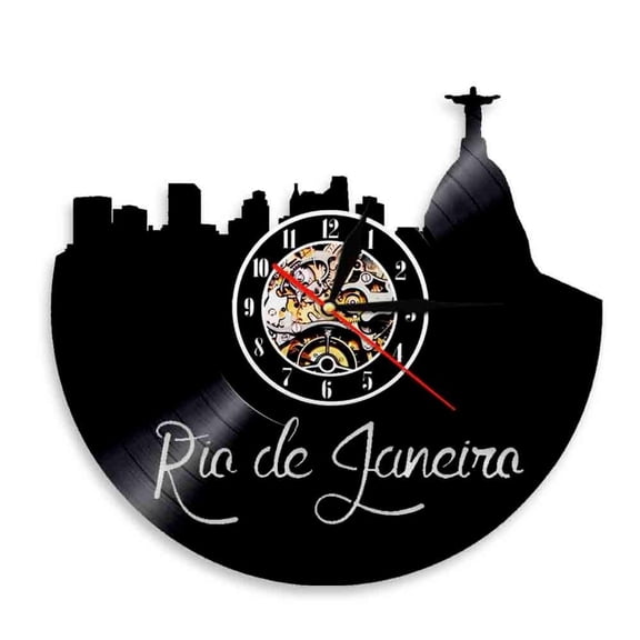 Rio de Janeiro Wall Art Skyline Wall Clock Brazil Rio Cityscape Vinyl Record Wall Clock Jesus Statue Christ Decor Wall Watch Without LED