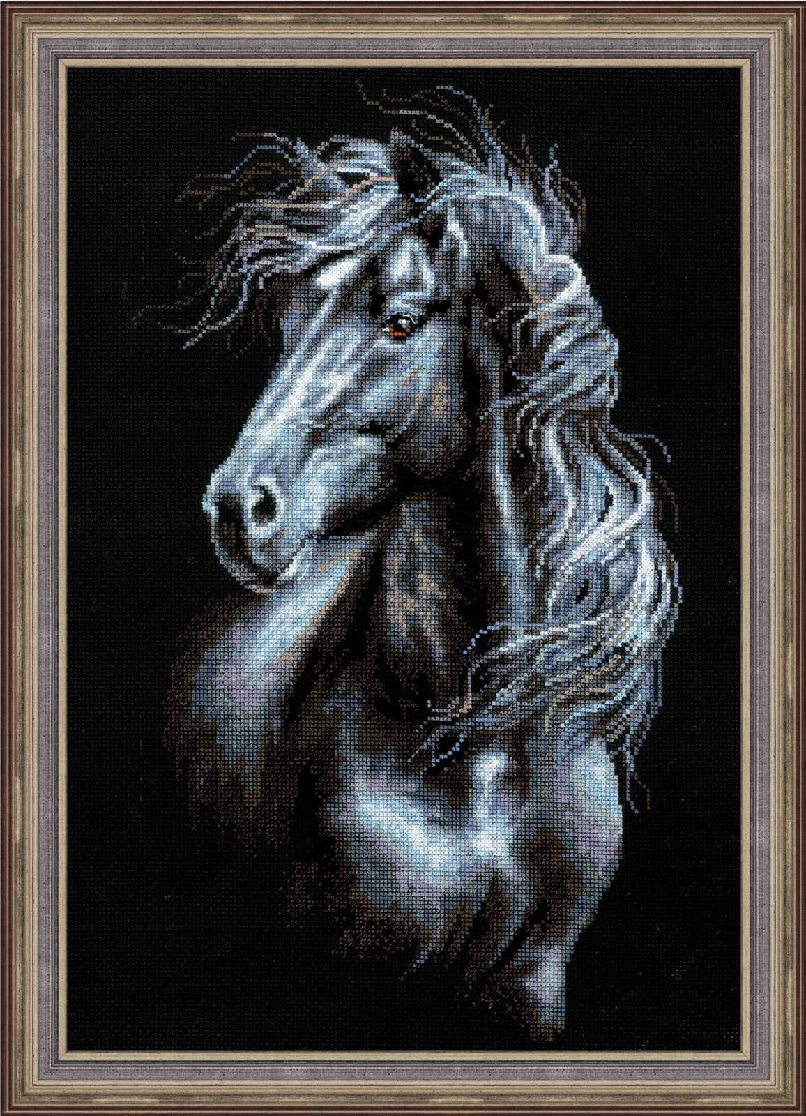 Riolis Horse Breeze Through Mane Cross Stitch Kit 11.75x17.75 on Black Aida