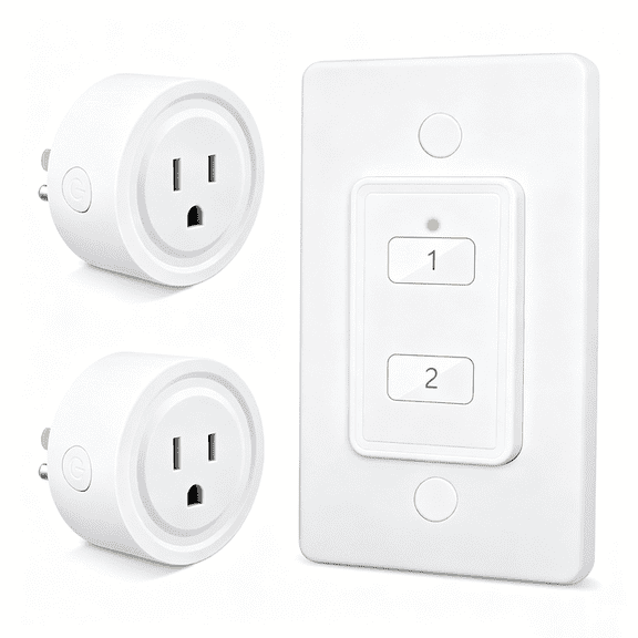 RiooCubee Mini Wireless Remote Control Outlet Plug Adapter (2 Pack) with Remote, 2 Channel Wall Switch, 656ft Control Range for Indoor Lamps and Home Appliances, No Hub Required, 10A/1100W, White