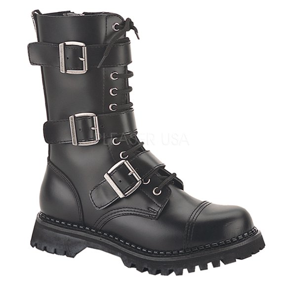 Riot-12, 12 Eyelet 3 Strap Steel Toe Blk Leather Calf Boot