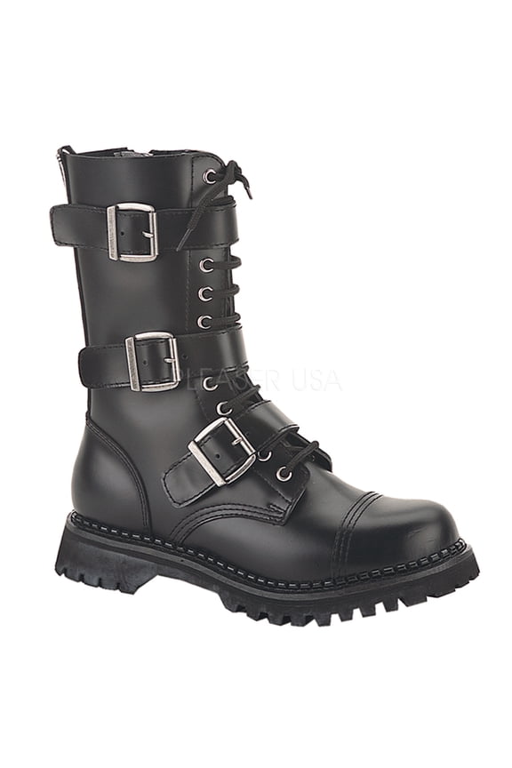 Riot-12, 12 Eyelet 3 Strap Steel Toe Blk Leather Calf Boot