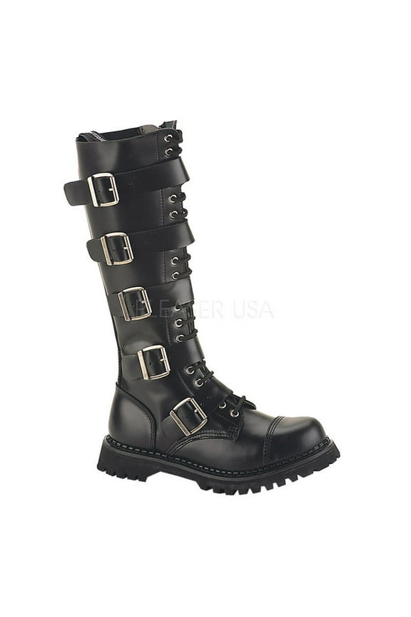Riot-20, 20 Eyelet 5 Strap Steel Toe Blk Leather Knee Boot