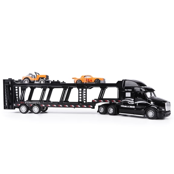 Riousery 1:48 Scale American Alloy Truck Transport Vehicle Model Toy with 2 Cars, Simulation Light and Sound Effect Classic Pull Back Carrier Cargo Truck Set, 13.8 x 2 x 2.8 inches / 35 x 5 x 7 cm