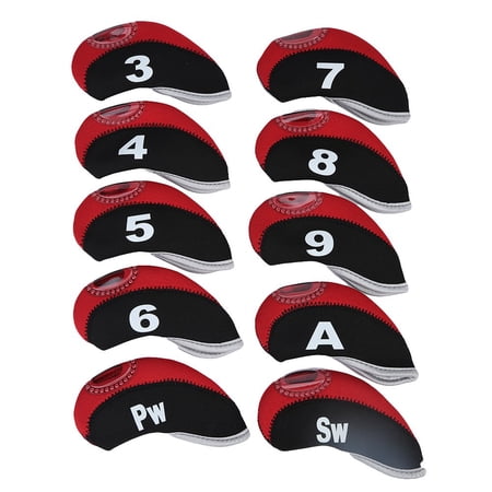 Riousery 10-Piece Waterproof Golf Club Iron Head Covers Set, Premium Neoprene Putter Protector Case for Easy Sheathing and Unsheathing, Machine Washable Protective Sleeves, Black & Red