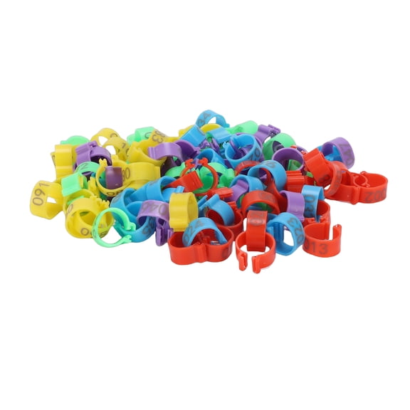 Riousery 100pcs Chicken Ankle Bands Multicolor Poultry Leg ID Rings Numbered Chick Identification Bracelets Plastic Clip-on Leg Bands for Chickens Ducks Fowl (0.15 lbs / 68 g)