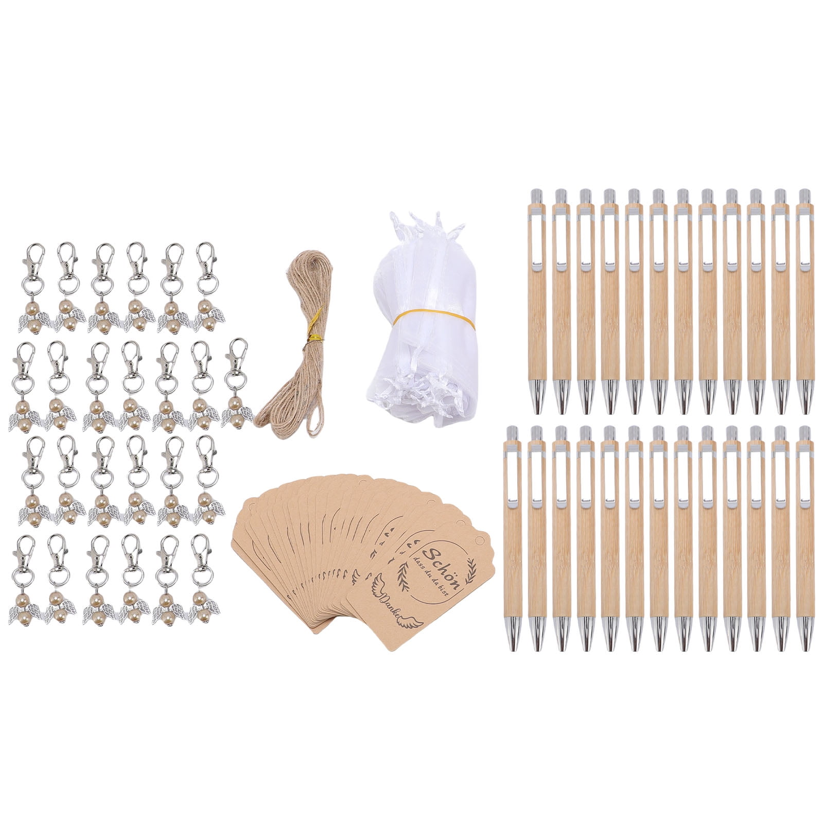 Riousery 101-Piece Wedding Party Favors Set, Includes 25 Bamboo Ballpoint Pens, 25 Angel Keychains, 25 Organza Bags, 25 Hang Tags & Jute Rope, Rustic Bridal Shower Baptism Guest Gifts (9.45 inches)