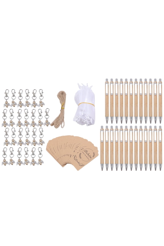 101-Piece Wedding Party Favors Set, Includes 25 Bamboo Ballpoint Pens, 25 Angel Keychains, 25 Organza Bags, 25 Hang Tags & Jute Rope, Rustic Bridal Shower Baptism Guest Gifts (9.45 inches)