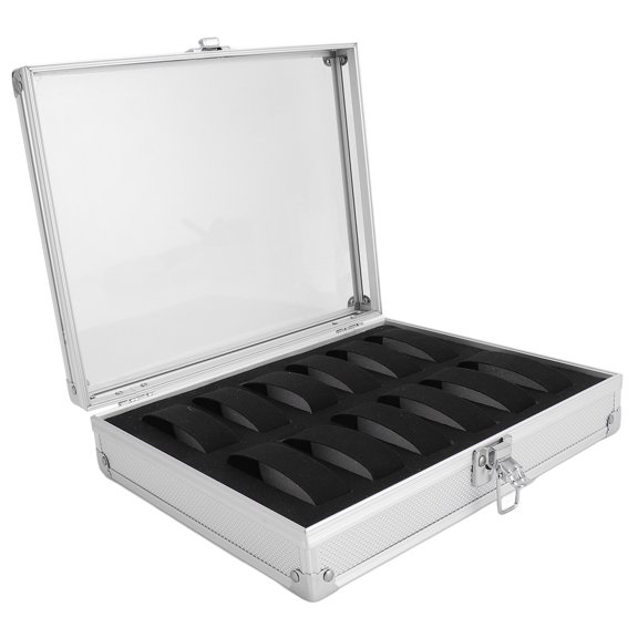 Riousery 12 Grids Aluminum Watch Display Storage Box Case, Rectangular Suede Lined Jewellery Organizer with Clear PVC Top & Metal Lock, Silver Home Decor Display Rack (10.24 in / 26 cm)