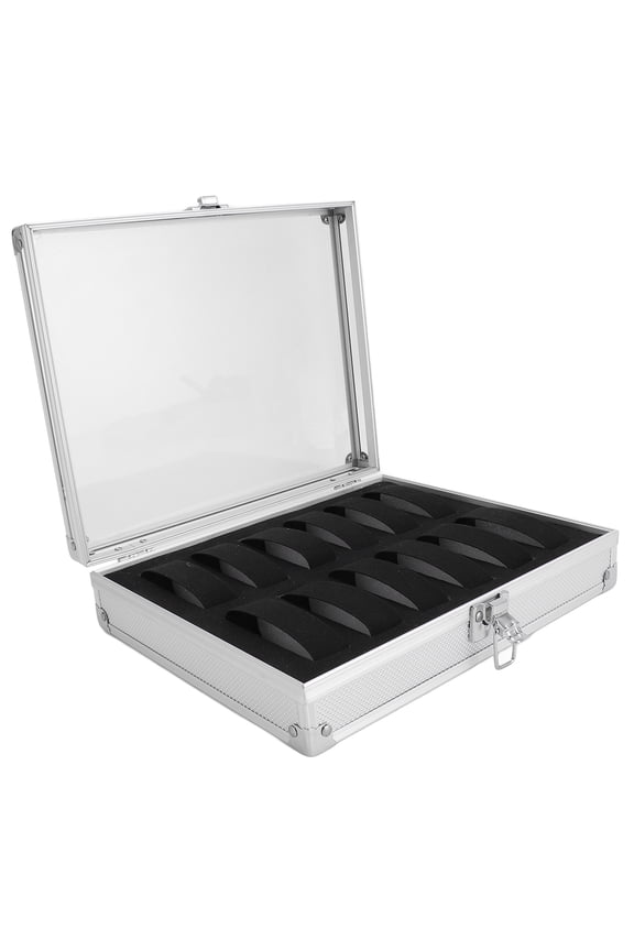 12 Grids Aluminum Watch Display Storage Box Case, Rectangular Suede Lined Jewellery Organizer with Clear PVC Top & Metal Lock, Silver Home Decor Display Rack (10.24 in / 26 cm)
