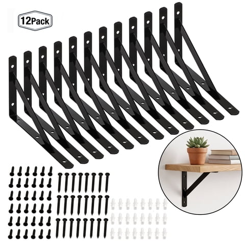 Riousery 12 Pack Heavy Duty Shelf Brackets, 2mm Thick Steel L Brackets for Wall Shelves, 7.9 x 4.7 in, 2mm Thick Carbon Steel Wall Shelf Supports with Mounting Hardware, Black