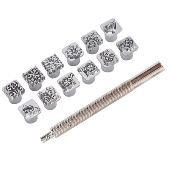 Riousery 13-Piece Leather Stamping Punch Tool Set, Tang Dynasty Floral Design for DIY Vegetable Tanned Leather Crafts, Includes 12 Stamps and 1 Handle, 6.3 inches / 160 mm