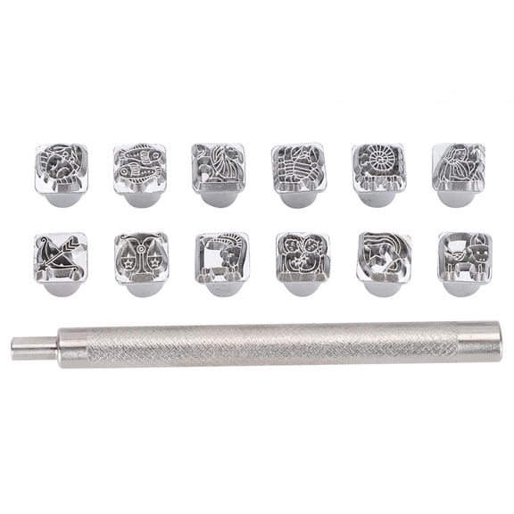 Riousery 13Pcs Leather Stamping Punch Tool Set with Twelve Constellations Patterns and 1Pc Handle Heavy Duty Zinc Alloy Craft Stamper Kit (6.3 x 3.3 Inches / 160 x 85mm)