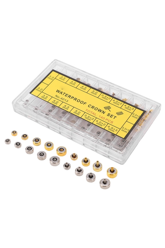 140PCS Watch Crown Spare Parts Stainless Steel Portable Repairing Replacement Tool Kit with Storage Box, Golden & Silver (5.51 inches / 14 cm)