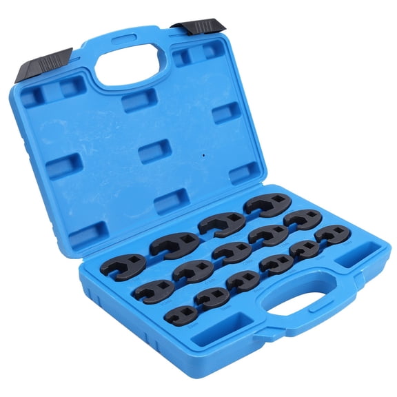 Riousery 15-Piece Flare Nut Crowfoot Wrench Set, 3/8 Inch and 1/2 Inch Drive Open End Spanner Tools, 8-24mm Cr-Mo Steel with Storage Box