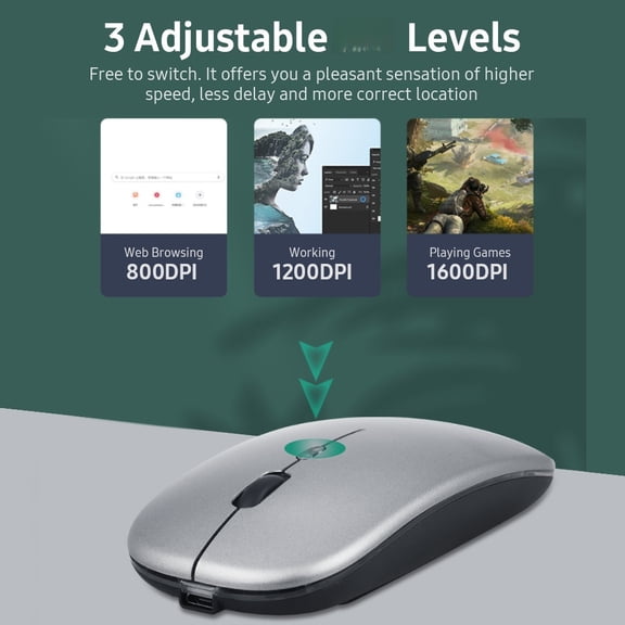Riousery 2.4G BT 5.0 Wireless Slim Rechargeable Mouse Less Noise 3 Adjustable DPI 7-Color Breathing Light for Laptop Computer, 4.41 inches / 11.2 cm, Black