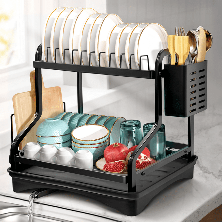 Riousery 2 Tier Dish Drying Rack for Kitchen Counter, Compact Dish Rack  Drain Set with Utensil Holder,Cutting Board Holder,Black