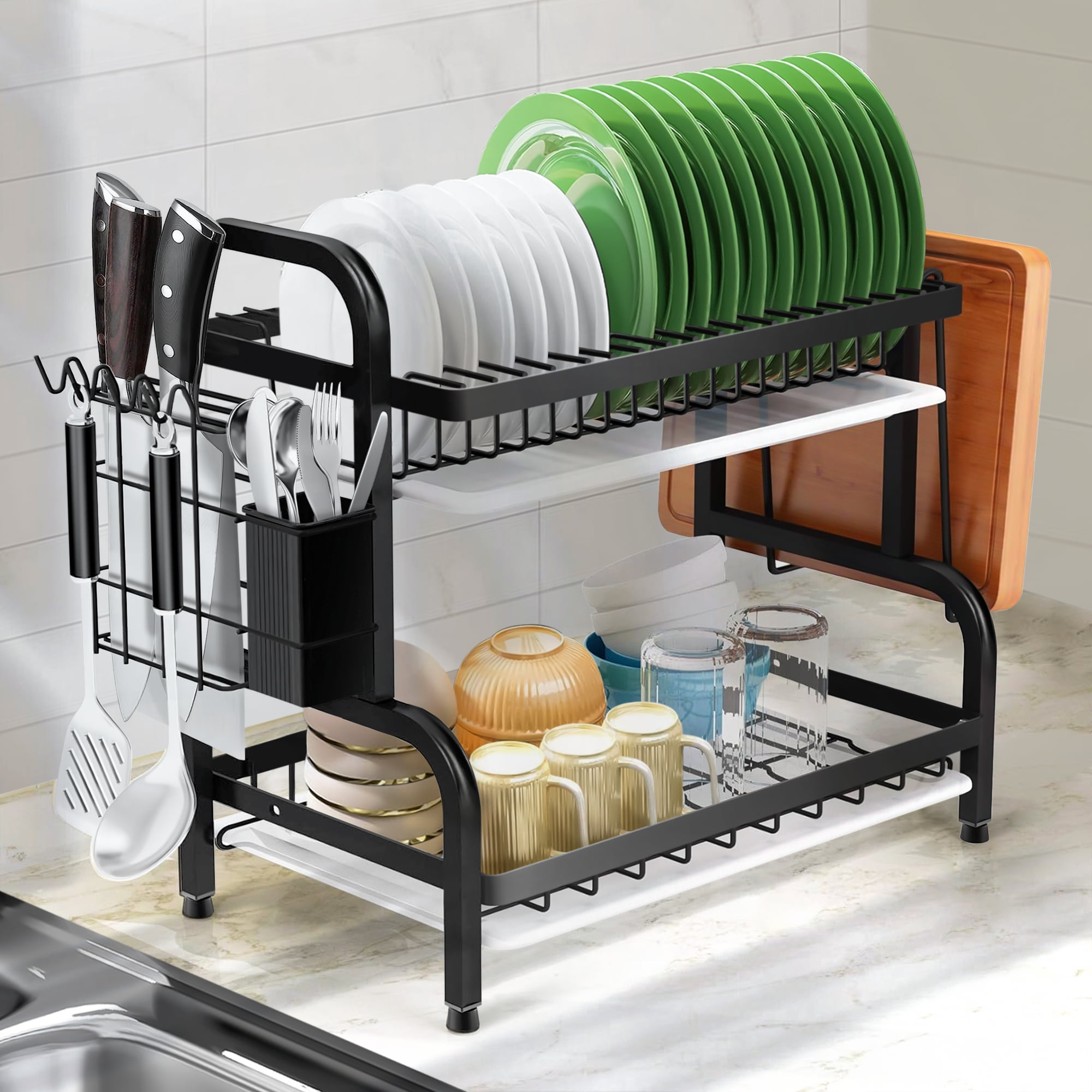 Riousery 2-Tier Dish Rack for Kitchen, Dish Drying Rack with Drain Board Tray, Compact Dishing Rack with Utensil Holder, Cutting Board Holder, Kitchen