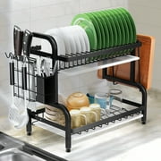 Riousery 2-Tier Dish Rack for Kitchen, Dish Drying Rack with Drain Board Tray, Compact Dishing Rack with Utensil Holder, Cutting Board Holder, Kitchen Dishes Storage and Organizers