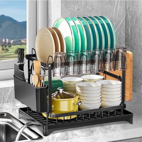 Riousery 2-Tier Stainless Steel Dish Rack with Auto Drainage System, Kitchen Dish Drainer, Utensil Holder, Cutting Board Holder, Black