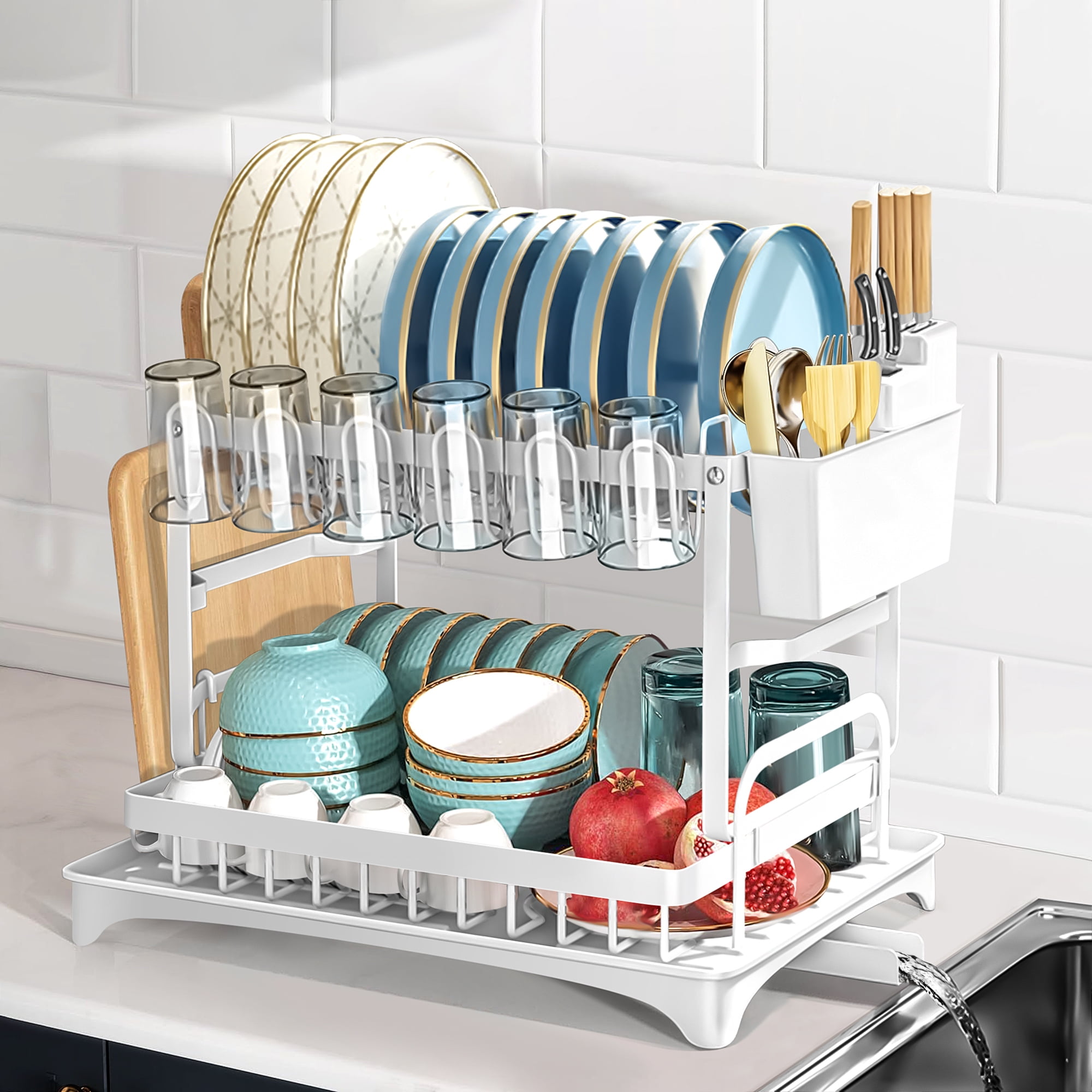 Riousery 2-Tier Dish Rack for Kitchen, Dish Drying Rack with Drain Board  Tray, Compact Dishing Rack with Utensil Holder, Cutting Board Holder,  Kitchen Dishes Storage and Organizers 