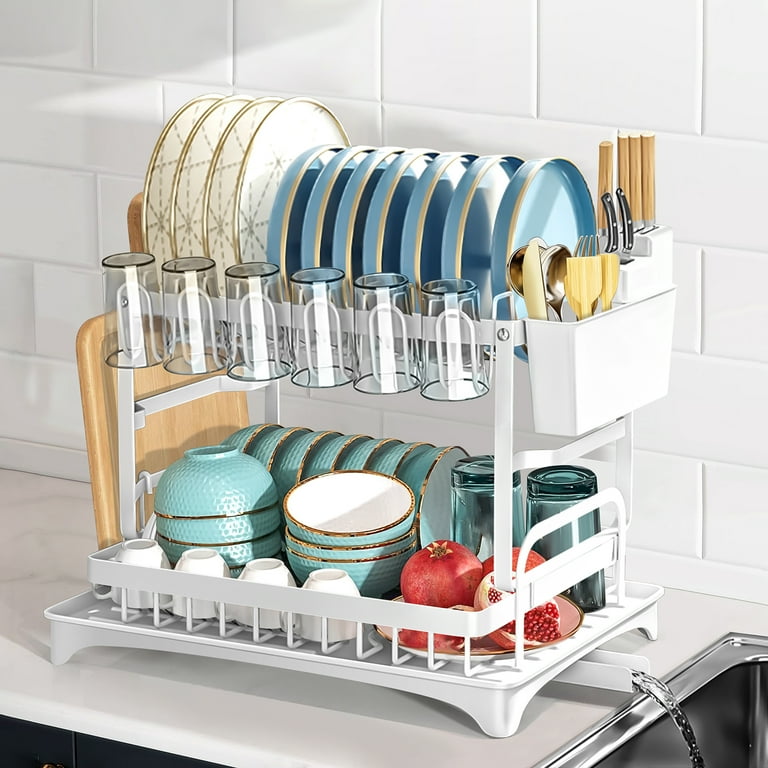 Dish Rack,2-Tier Dish Drying Rack with Drainer Cutting Board Cutlery Holder  Dish Drainer for Small Kitchen Counter Space(White)