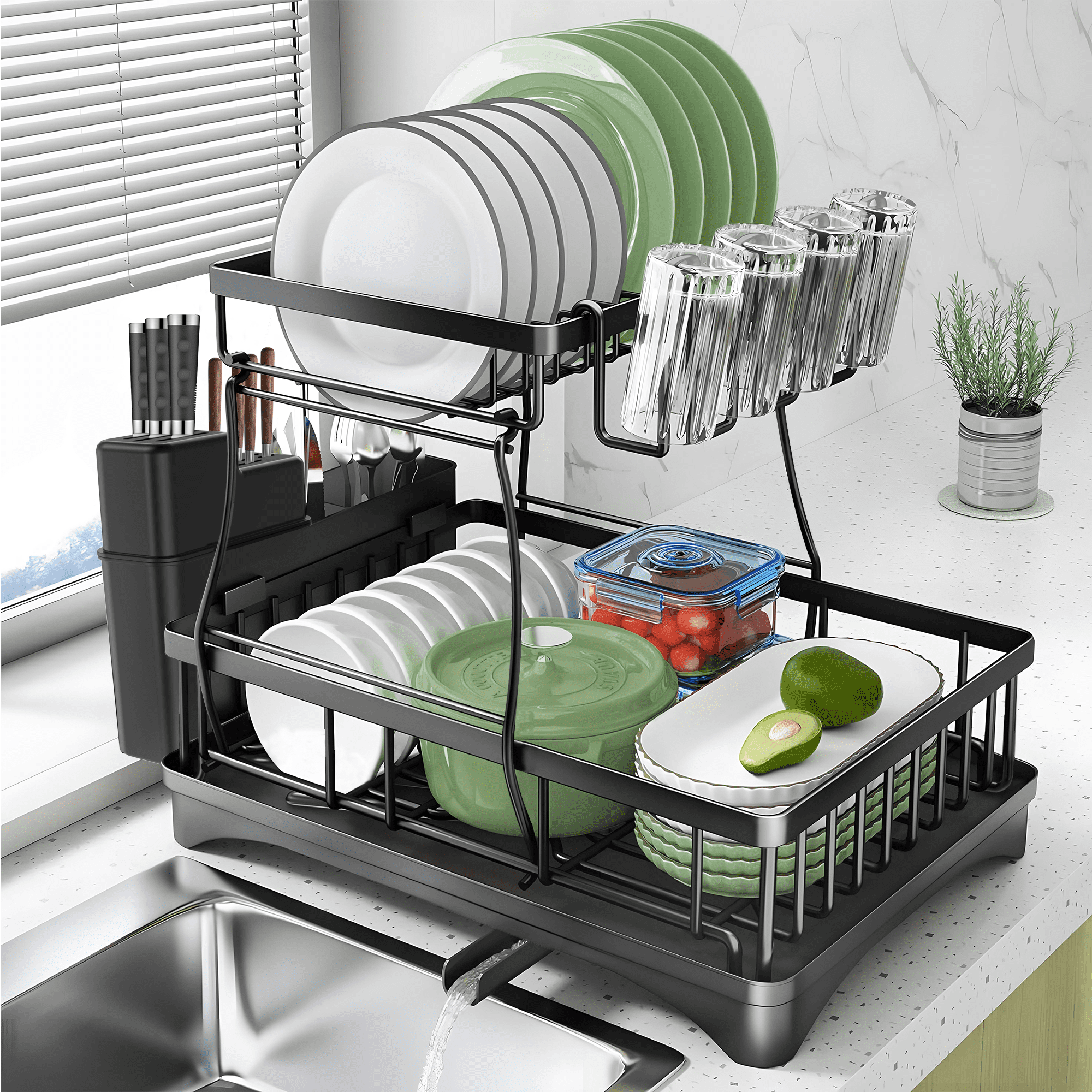Riousery 2 Tier Dish Racks for Kitchen Counter, Dish Drying Rack with Dish  Drainer, Stainless Steel Dish Rack Drain Set with Utensil Cups Holders,  Drain Board with Drainage, Kitchen Organizers 