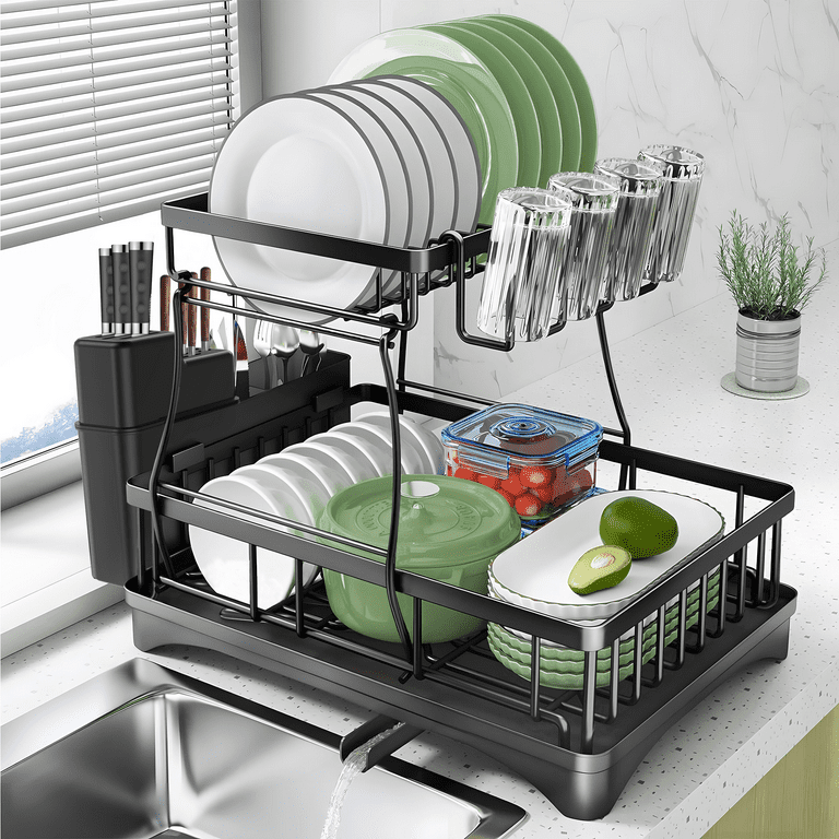 Dish Racks for Kitchen Counter, 2 Tier Dish Drying Rack with Drainboard,  Large Capacity Dish Drainer with Utensil Holder and Extra Dish Drying Mat 