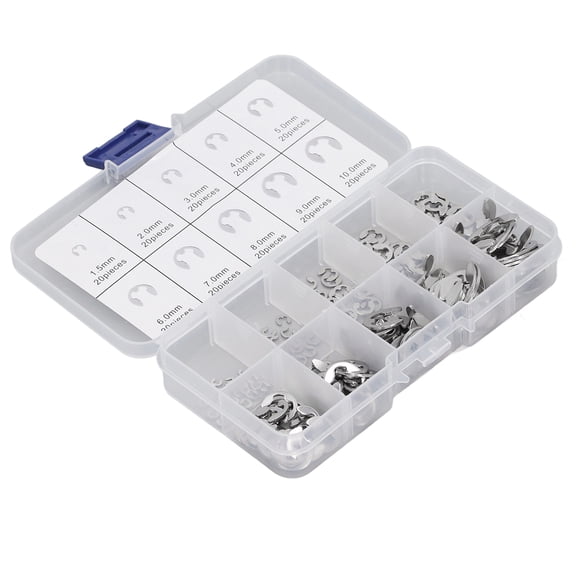 Riousery 200 Pieces E Clip Assortment Kit, 304 Stainless Steel External Retaining Circlip Set for Bearings and Gears, Includes M1.5 to M10 Sizes with Storage Box, 110 Grams / 3.88 oz