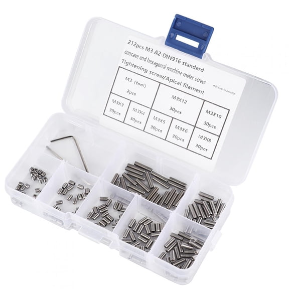 Riousery 212Pcs M3 A2-DIN916 Stainless Steel Inner Hex Concave End Tighten Grub Screws Headless Set, DIY Installation Tools Included for Mechanical Repair