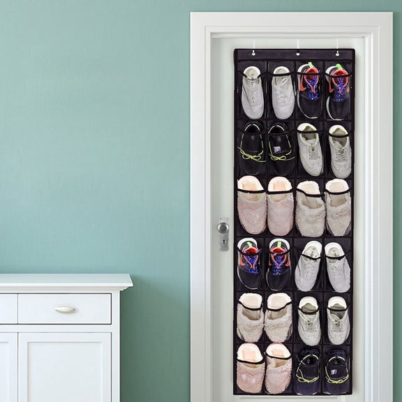 Riousery 24-Pocket Over The Door Shoe Organizer, Heavy Duty Hanging Storage Bag with 3 Metal Hooks for Closet, Bedroom and Bathroom Space Saving, Black (64.96 inches / 165 cm)