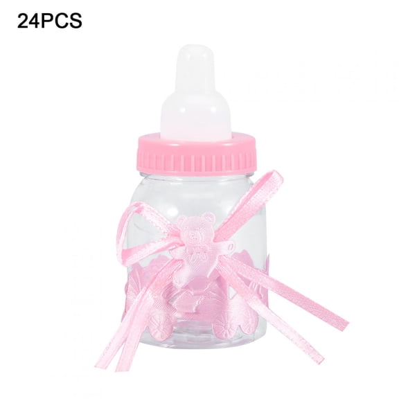 Riousery 24Pcs Mini Fillable Baby Shower Candy Bottles Gift Box For Party Decorations Girl Boy Cute Bear Bowknot Ribbon Design Pink 3.5 Inches / 9 Centimeters Height Durable Food Grade Material
