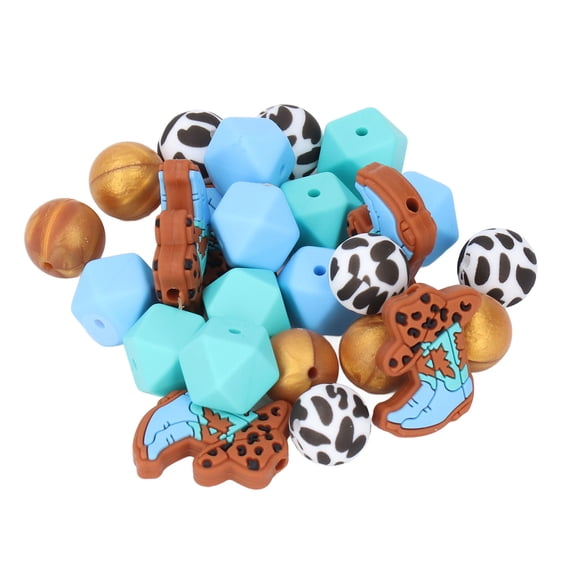 Riousery 25PCS Set Geometric Octagonal Beads Round Cowboy Boots Cow Printed Silicone Focal Beads for DIY Bracelet Making Jewelry Crafts Decoration, 3.9x4.3x1.1 inches / 10x11x3 cm