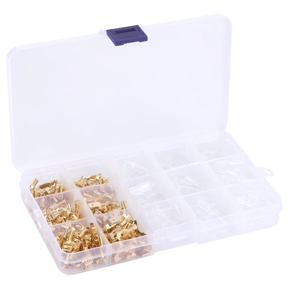 Riousery 270Pcs Wire Connector Electrical Male Female Terminals Assorted Kit, Industrial Supplies Crimp Wire Terminals Cable Terminals Combination (2.8mm / 4.8mm / 6.3mm Gold / 0.1in / 0.2in / 0.2in)
