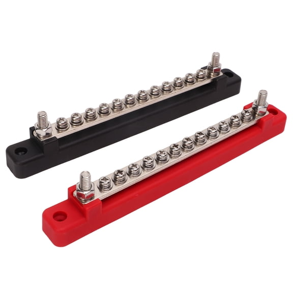 Riousery 2pcs 12 Terminal Bus Bar 48V 150A Low Resistance Power Distribution Block with Cover, 24 Terminals Connectors (Red & Black) for Marine Boat RV Wire Organization (7.48 in / 19 cm)