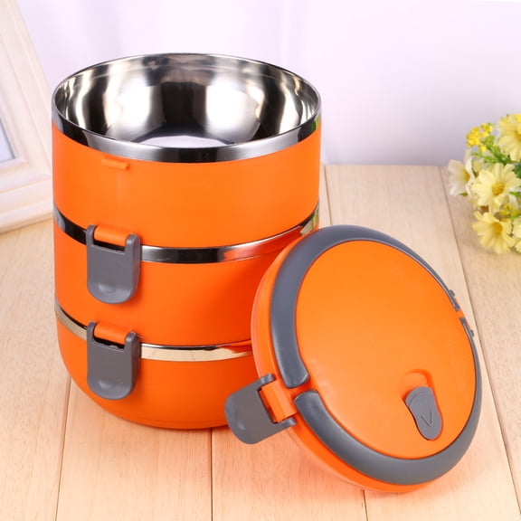 Riousery 3-Layer Stackable Stainless Steel Bento Lunch Box, Round Food Container for Work and Picnic, Orange, 8.27 in / 21 cm