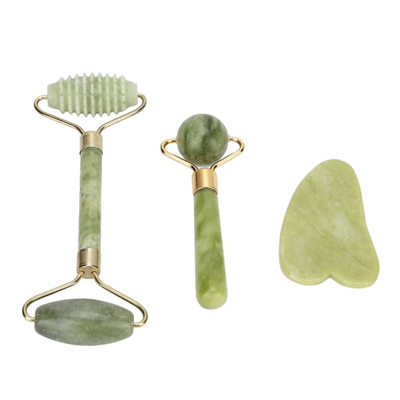 Riousery 3-Piece Jadestone Face Roller & Gua Sha Scraping Board Set - Portable Facial Beauty Tools for Skin Lifting & Firming - Neck, Eye, & Forehead Massage Massager Kit (7.09 inches / 18.00 cm)