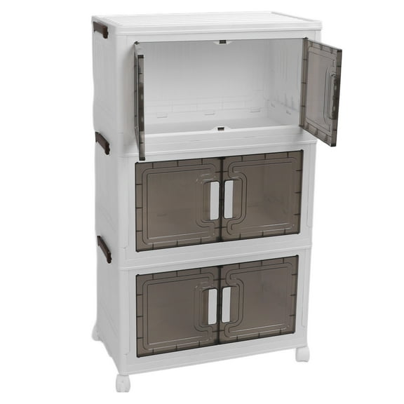 Riousery 3-Tier Folding Storage Cabinet with Wheels, Stackable Multi-Layer Organizer with Double Doors for Bedroom, Living Room, Closet
