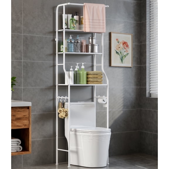 Riousery Over the Toilet Storage Rack, 3 Tier Bathroom Shelf with Hanging Rod, Freestanding Space Saver, White